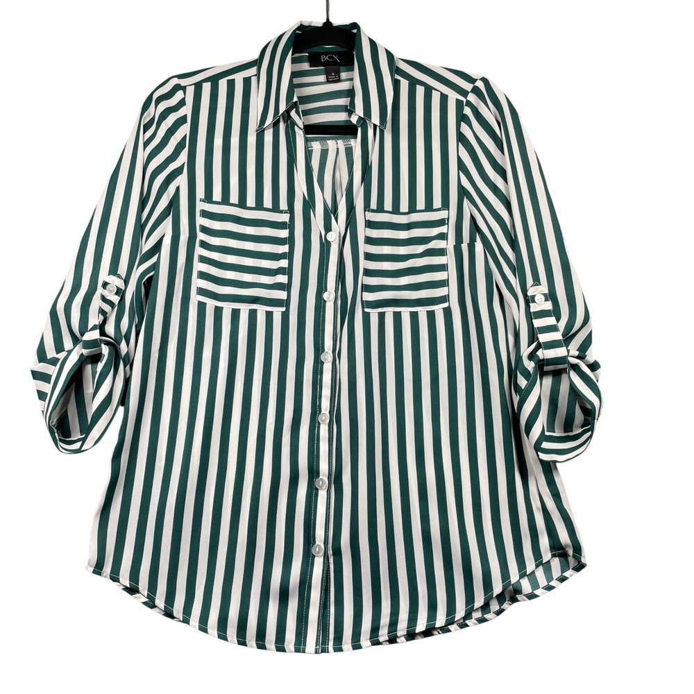 BCX Striped Button Down Shirt Roll Tab Sleeve Career Casual Top Small